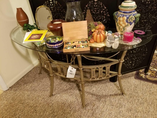 Foyer glass-top table, decor items