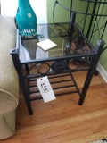 Pair of iron end stands, lamp