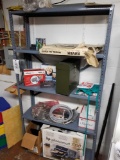 Metal shelf and contents, dart board