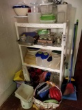 Plastic shelf, canning jars, Tupperware