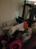 Laundry bin, clothes rack, blankets