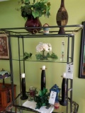 Contents of rack including lantern, vases, decor