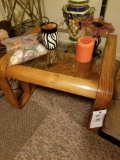 Pair of oak glass tables and lamp, decor