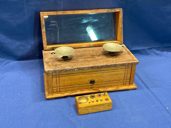 Early oak cased marble-top balance scale, Drug store balance scale