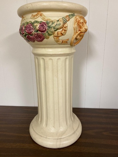 Lions & Roses decorated Roseville pedestal, 22.5" tall, has a 14" hairline crack below top rim
