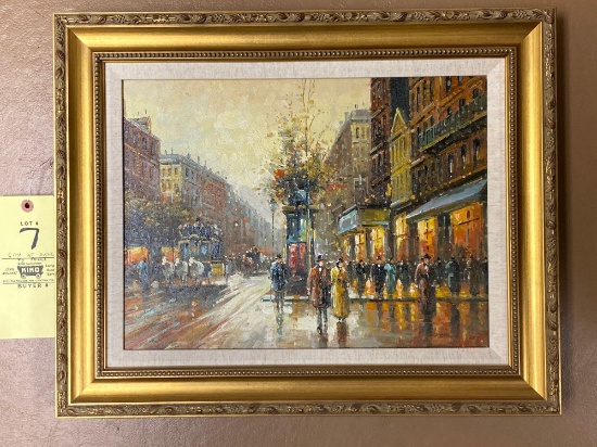 Prince oil/canvas, "City at Dusk", 21 3/4" x 17 3/4" frame size.