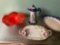 Hand painted teapot, unsigned art glass bowl, Avon bird figure tray, La Francause platter.