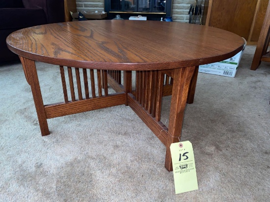 Modern Mission oak 36" diameter coffee table.