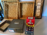 (3) Baskets, metal check file, picture frame, game, Friends slogan.