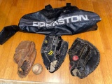 Easton bat bag, (3) mitts, baseball.