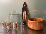 Pumpkin shaped basket, snowman wood plaque, store jar, Lucky Joe coin bank