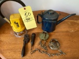 Contrail lantern, (2) Adlake locks (no keys), Eagle pot, old wrench, screwdriver.