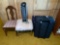 Lasko oscillating fan, luggage, furry stool, small chair