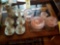 Nippon tea set, pink depression creamer, sugar, baby bowl, and jar without lid