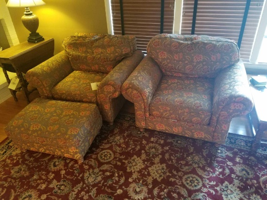Pair of J Raymond floral upholstered chairs with one ottoman