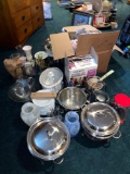 Large group of kitchen wares, chafing dishes, serving pieces, crockpot, stock pot, and much more