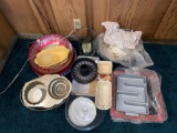 Assorted serving dishes, baking pans, punch bowl