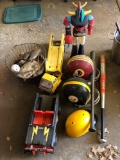 Transformers Toy, Tonka Truck and Trailer, Sports Helmets, Ball Gloves, Wire Basket,Bats