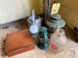 Hagan buttermilk bottle, galvanized watering cans, humidor, lanterns