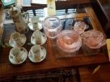 Nippon tea set, pink depression creamer, sugar, baby bowl, and jar without lid