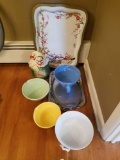 Graduated mixing bowls, clown cookie jar with damage, trays
