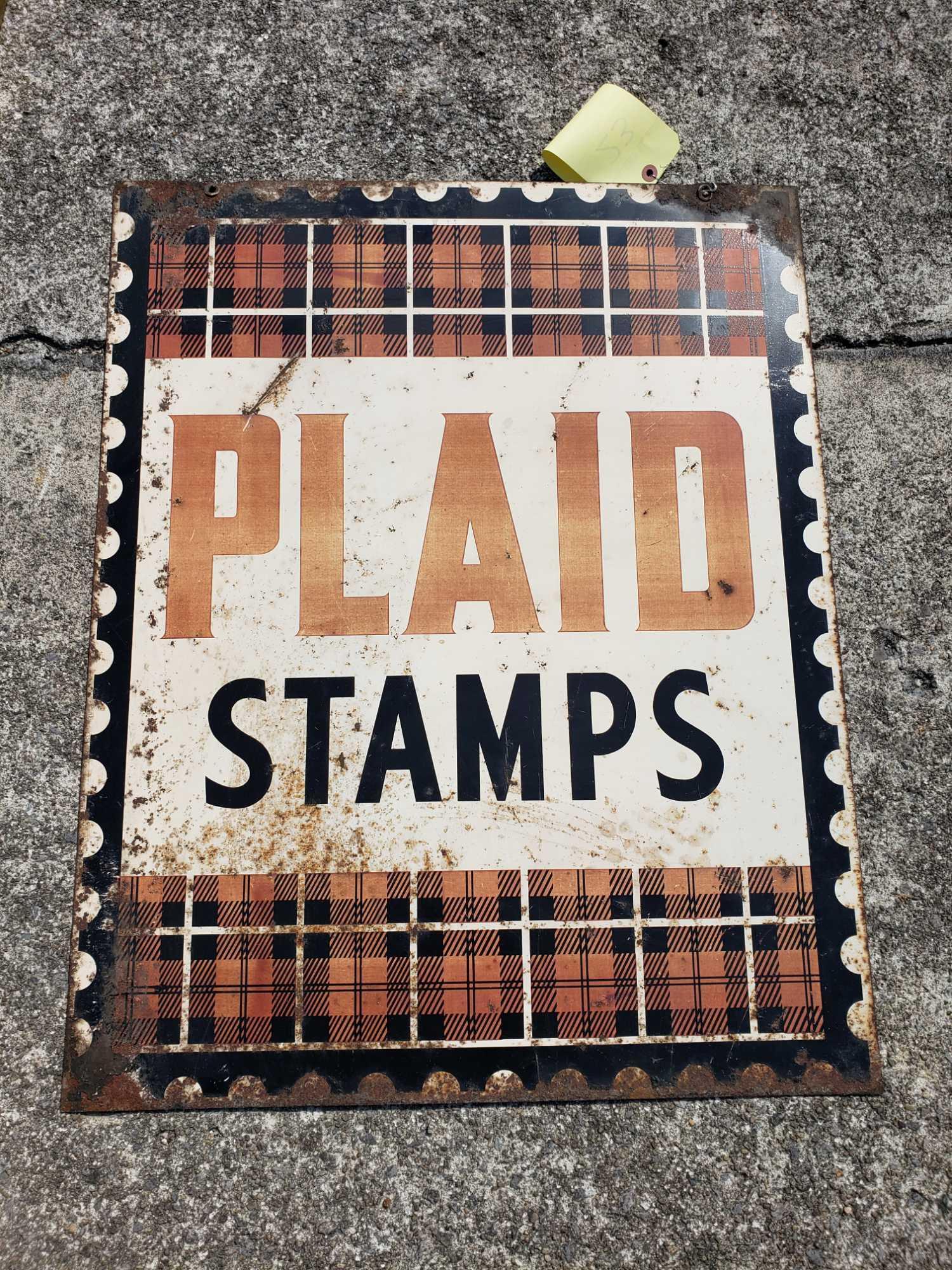 Double Sided Plaid Stamps Tin Sign | Proxibid