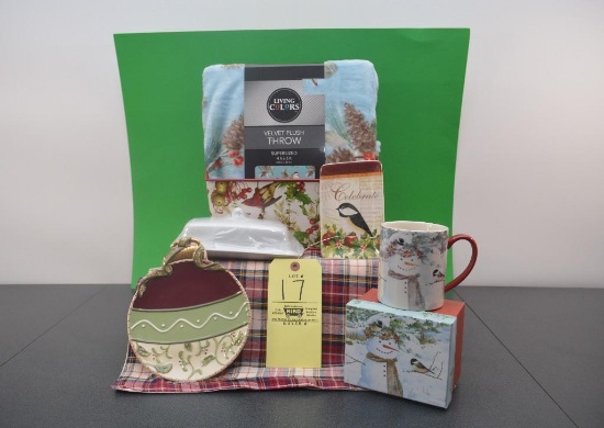 Christmas caddy, throw blanket, plates, mug, placemats and butter dish