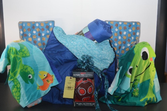 Children's camp chairs & sleeping bags, beach towel & football