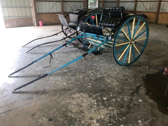 Blue 2-wheel cart with seat, steps and fenders