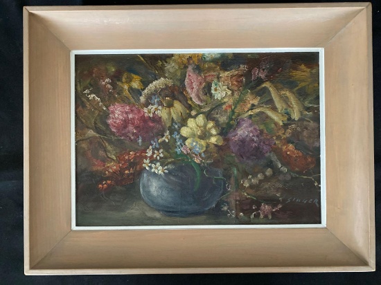 Clyde Singer oil/board, flowers in vase scene, 10.5 x 14 board, 13.5 x 17.5 frame.