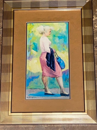 Clyde Singer PRINT, lady holding purse & sweater