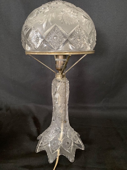 Old 20" tall pattern glass lamp w/ 9" diameter shade, not signed.