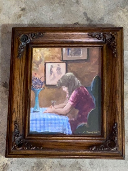 Clyde Singer 1976 oil/board, "Dining Alone", 8 x 11 scene, 12.5 x 14.5 frame.