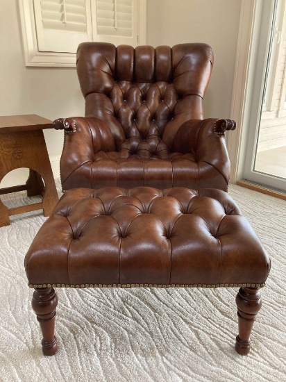 Stickley Leather Tuffed Chair and Ottoman Gustav Reproduction