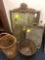 Wall mirror, basket with advertising, metal bucket, griddle pan