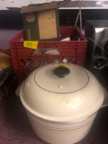 Soup pot and crate of Corning Ware