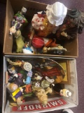 2 boxes of various clown figurines, plate, artwork, etc