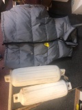 Eddie Bauer goose down vest, buoys, 3 ice fishing poles, tackle