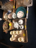 6 flats glassware, basket, plates, teapot, mugs, etc
