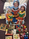 Collection of vintage Christmas ornaments, and plastic light up wall hanging