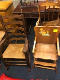 2 high chairs and wooden rocker