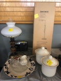 Canisters platter floor lamp, lamp, GE radio