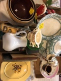 Glassware, brown ware, dishes, misc