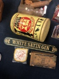 Vintage potato chip can, white satin Gin Mat, cigar box, glass milk bottle, advertising tin