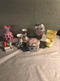 Cranberry thumbprint pitcher, dresser set, toilet ashtray, etc