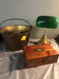 Brass bucket, green glass shaded lamp, wooden box