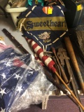 2 US flags, baseball bat, walking stick, primitive tools, Sweetheart felt banner