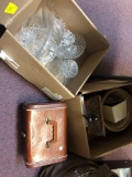 2 boxes glassware, pottery, planters, luggage