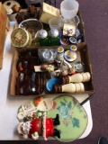 Two flats of glassware, pennies, seashells, Christmas, Shakers, etc.