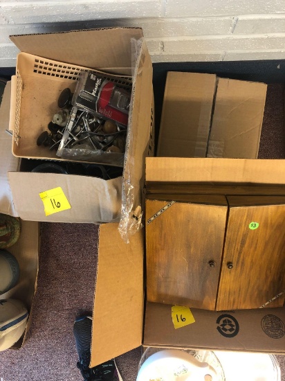 3 boxes hardware, tools, Pyrex, amber jar, etc